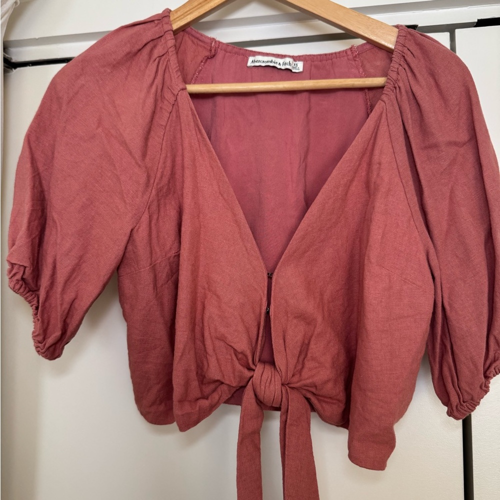 Abercrombie & Fitch Dusty Rose Linen Tie-Front Puff Sleeve Crop Top